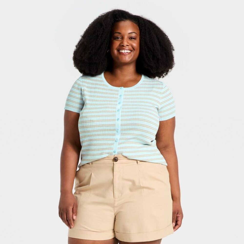A New Day - Women's Short Sleeve Button-Front Sweater - A New  Blue
